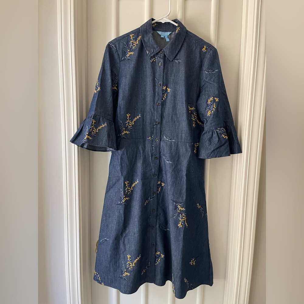 Draper James Blue Embroidered Button Dress with Collar